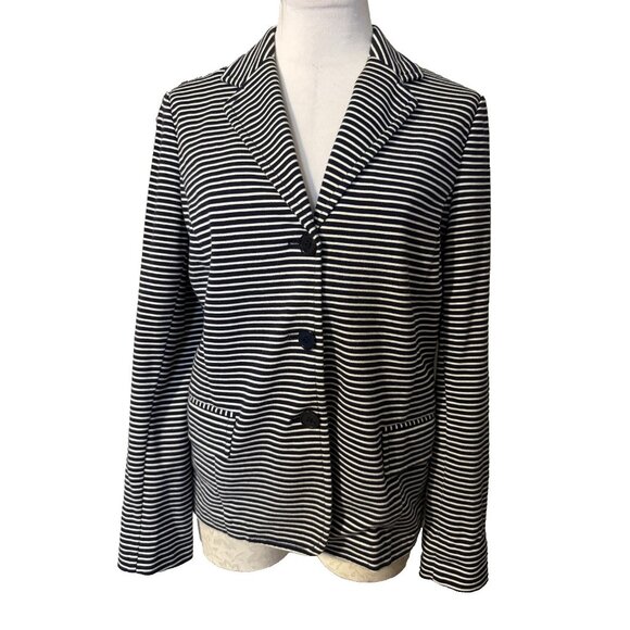 Talbots Suit Jacket Blazer L Large Navy Blue Ivory Stripe Unlined Cotton Blend - Picture 1 of 11